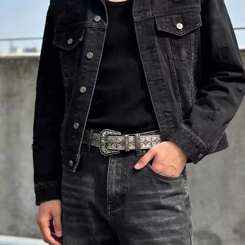 1Pc Unisex Vintage Faux‑Leather Belt, Distressed Rivet Beaded Pattern, Decorative Pin‑Buckle Versatile Belt for Jeans Outfits