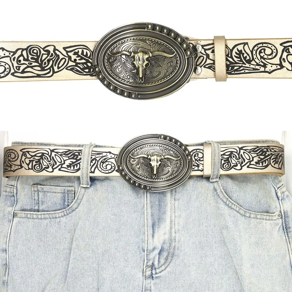 

Hip Hop Bohemian Style Belt Trendy Harajuku Y2K Leather Embossed Belt Cow Head Buckle Belt