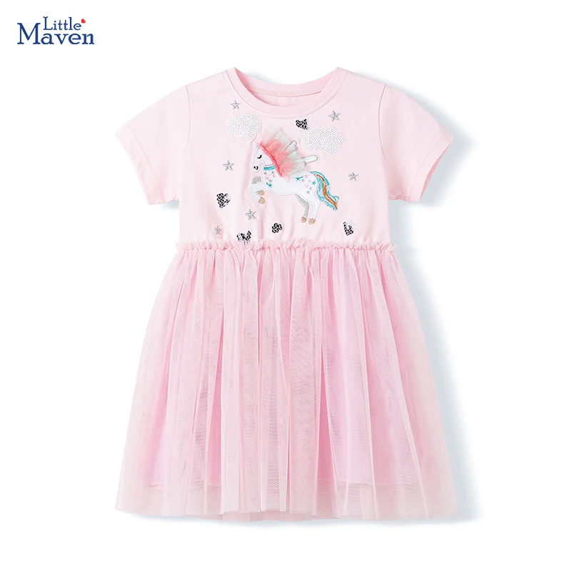 Little Maven Kinderkleidung für Babys, Mädchen, 2025, Sommer, bestickt, Cartoon, lässig, Einhörner, Kleider, rosa Kleider, Kinderkleidung