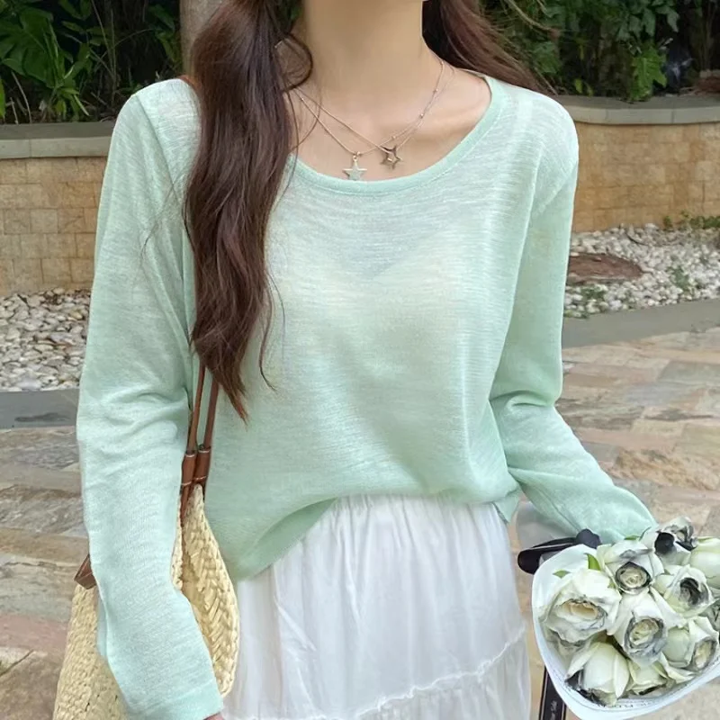 

Breezy Long Sleeve Knit Top for Women Breathable O-neck Boxy Pullovers Blouse Summer Sunscreen Shirt Cover Up Casual Outfit