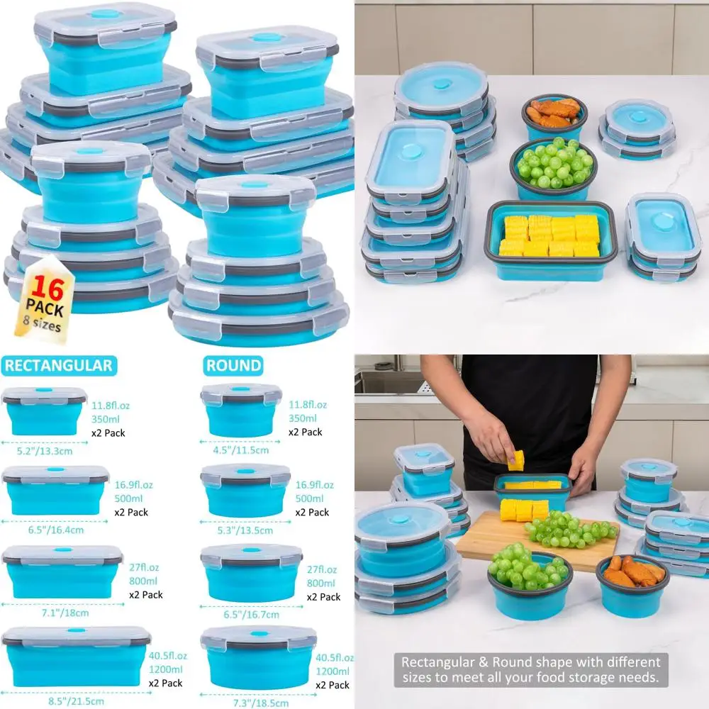 

Набор складных силиконовых пищевых контейнеров из 16 предметов: 8 прямоугольных и 8 круглых с крышками и вентиляционными отверстиями, микроволновая печь, морозильная камера, посудомоечная камера.