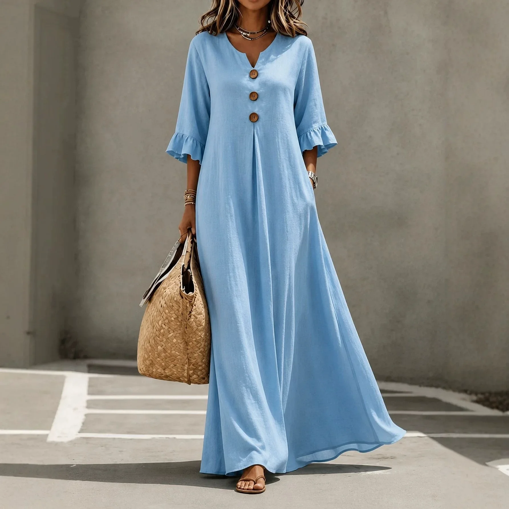 Women Button V Neck Half Sleeve Solid Color Maxi Long Boho Dress 2026 Summer Fashion Elegant Vacation Party Beach Robe Vestidos