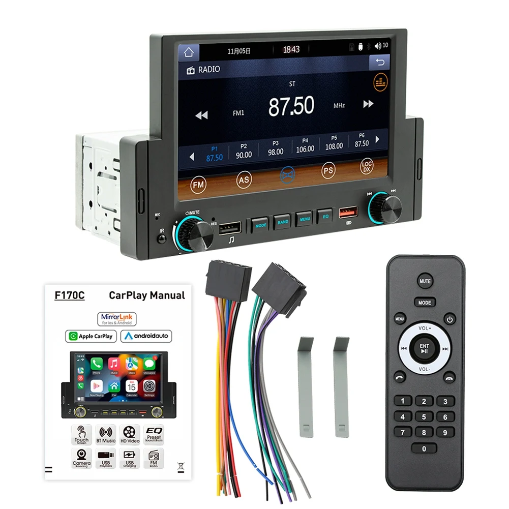 

1Din 6.2Inch Screen CarPlay Android-Auto Radio Car Stereo Bluetooth MP5 Player 2USB FM Receiver Audio System Head Unit