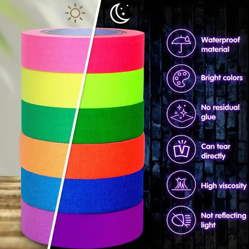 Reaktives UV-Schwarzlicht-Neonband, 6-Farben-Neon-Gaffer-Klebeband, fluoreszierendes UV-Schwarzlicht, das im Dunkeln leuchtet, Klebeband für UV-Partys – Detail 1