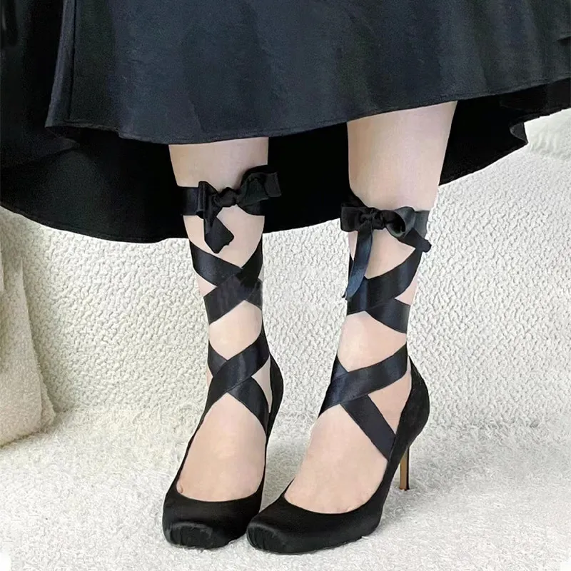 Vintage Ballet High Heels Pumps French Style Mary Jane Shoes Satin Elegant Medium Heel Cross Strap Shoes for Women Autumn