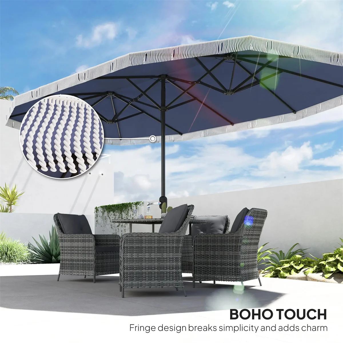 مظلة حديقة زرقاء بطول 15 قدمًا بعامل حماية من الأشعة فوق البنفسجية 30+ مظلة خارجية مع هامش ومقبض كرنك