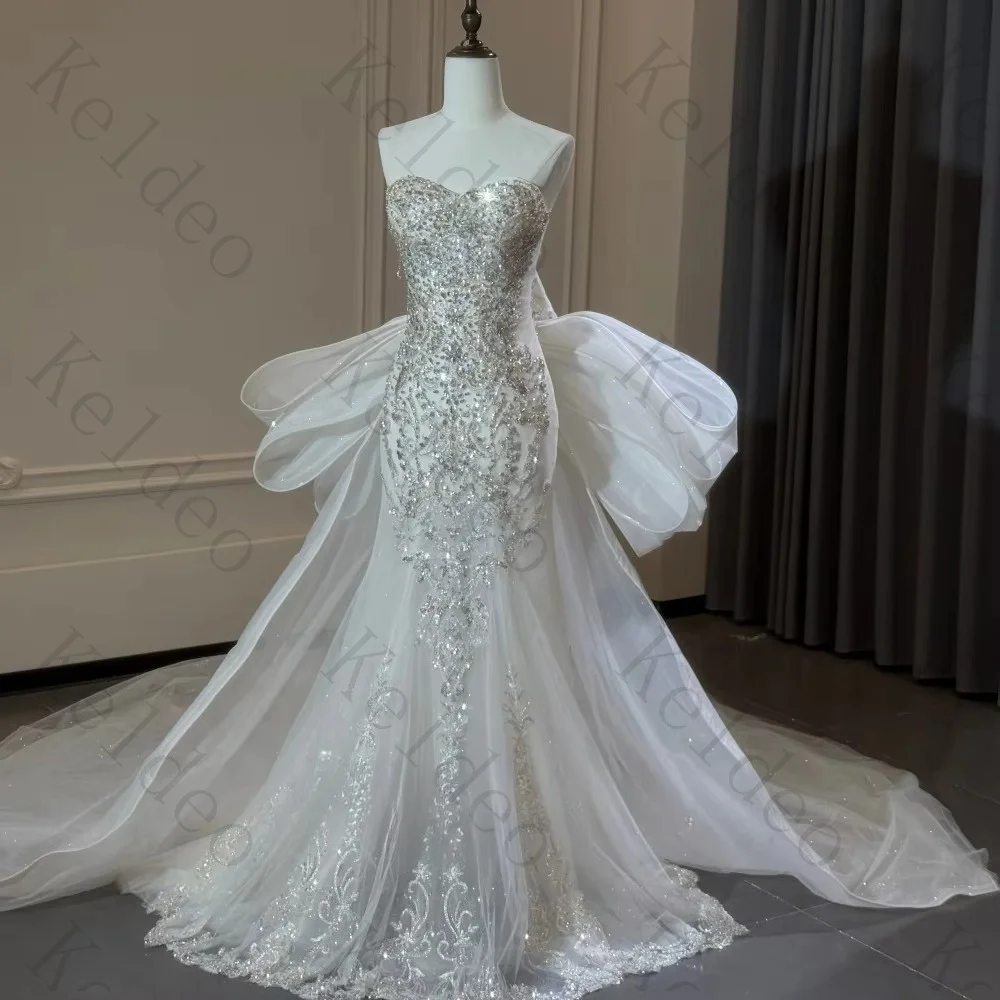 Customized Mermaid Strapless Sleeveless Wedding Dresses Removable Bow Train Beaded Crystal Lace Backless Floor Length Bride Gown
