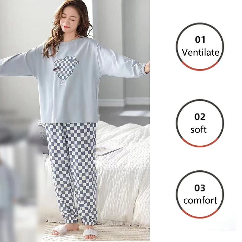 Women Autumn Winter Long-Sleeved Pyjamas Korean Version of the Blue Love Plaid Trousers Homewear Outside School Girl Sleepwear