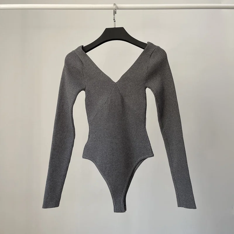 [YOZOU] Cotton Knitwear Green Black White Gray Solid Chic Slim Knitted Deep V Neck Sweater Jumper Pullovers Bodysuit Women Top