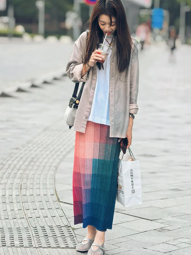 

Юбка миди с высокой талией, плиссированная, в стиле колор-блок, А-силуэт, повседневная, из полиэстера, летняя, универсальная, для женщин, для офиса и повседневной носки