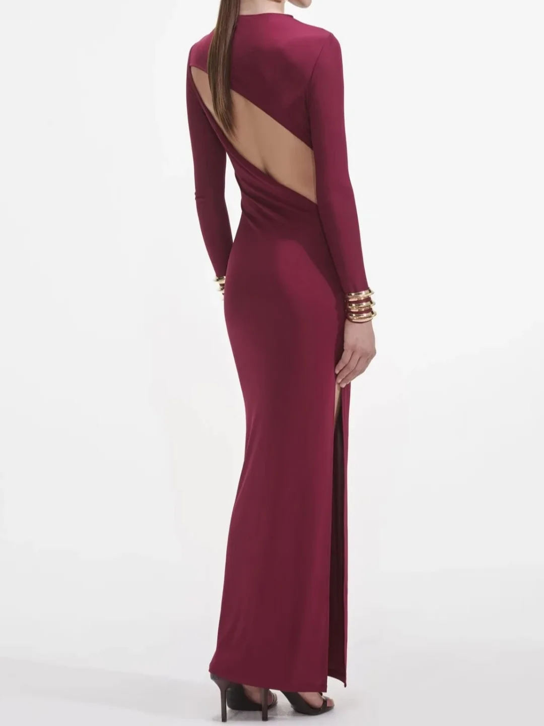2025 New Female Satin Long Dress 2 Colors Backless Round Neck Long Sleeve Split Party Ladies Robe