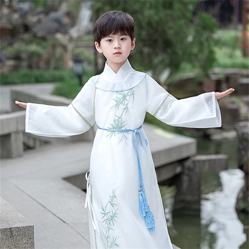 男の子のためのクラシックな中国風の服、竹の葉、刺embroideryの衣装、レトロ、エレガント、ロングドレス、フェスティバルのパフォーマンス、男の子のためのタイヤ