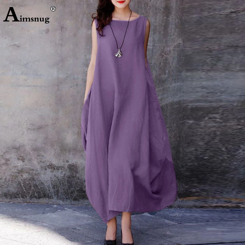 Women Casual Sleeveless Maxi Dress Loose Style Robe Womens High Cut Linen Party Dresses Female Long A-line Dress Clothing 2023