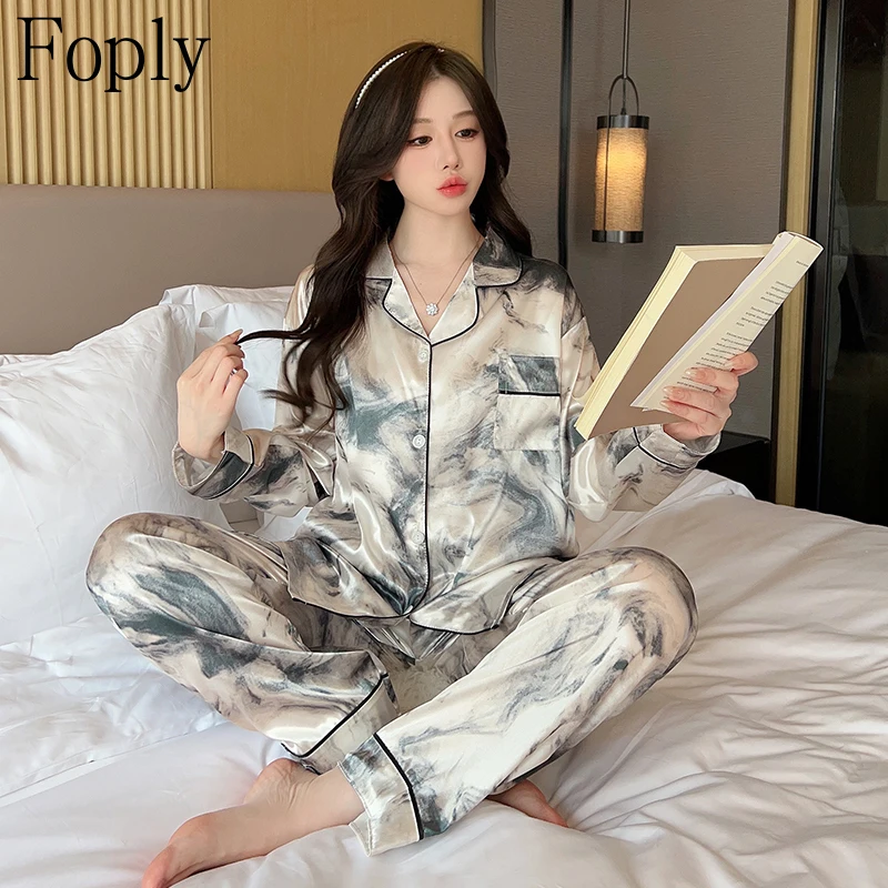 

Satin Pajamas Set Women Long Sleeve Trousers Pyjamas Lounge Sleepwear Solid Pajama Mujer Bedroom Home Clothes Female Pijamas