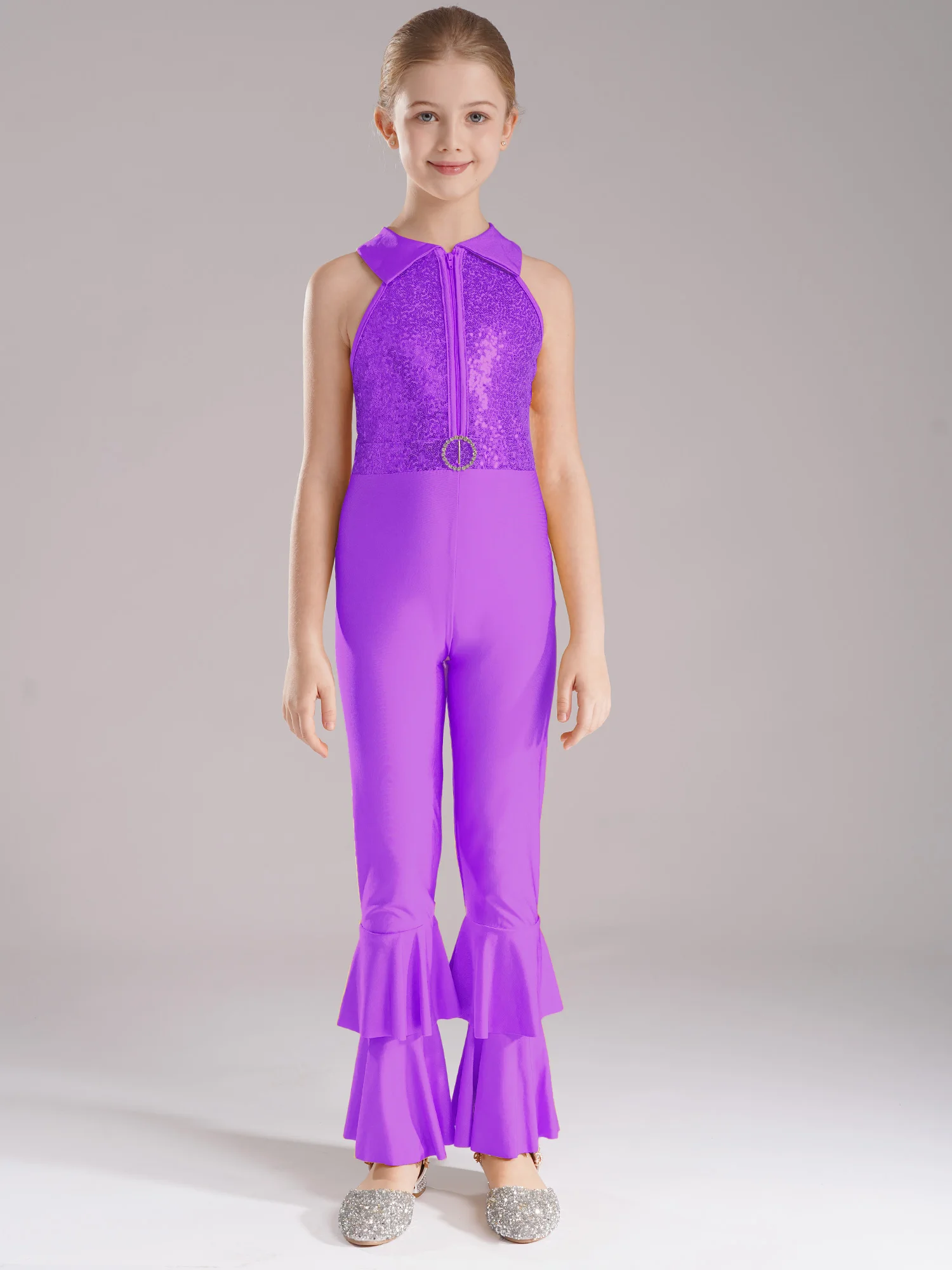 أطفال بنات لامعة الترتر حللا الهبي زي أداء Dancewear بلا أكمام جرس أسفل خمر 60s 70s الهبي زي