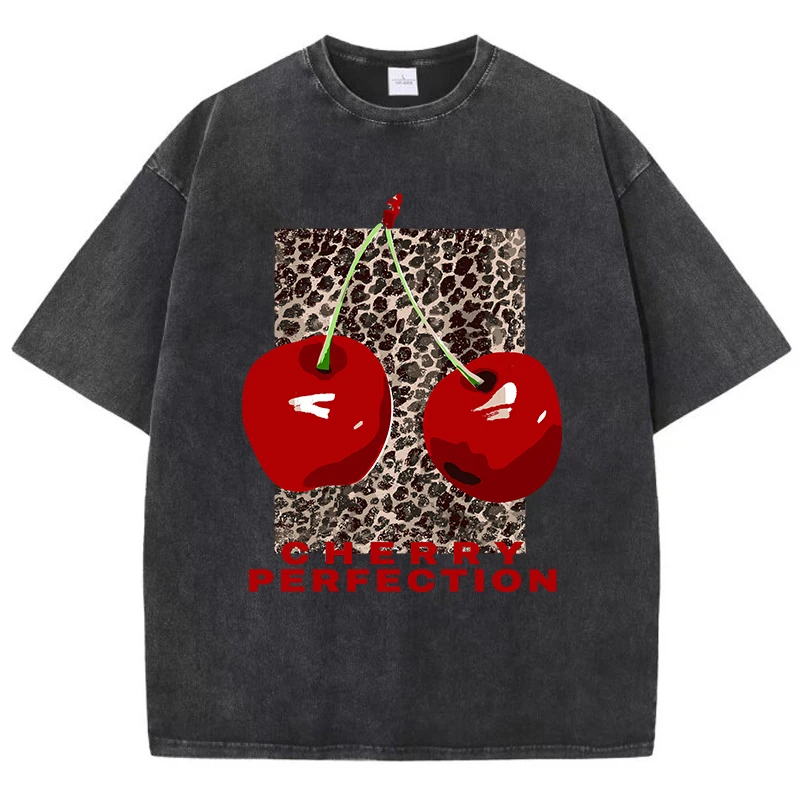 

Cherry perfection Washed T Shirt Women Cotton Leopard Prints Oversize Tops Vintage Black O-Neck T-Shirts Summer Woman Clothes