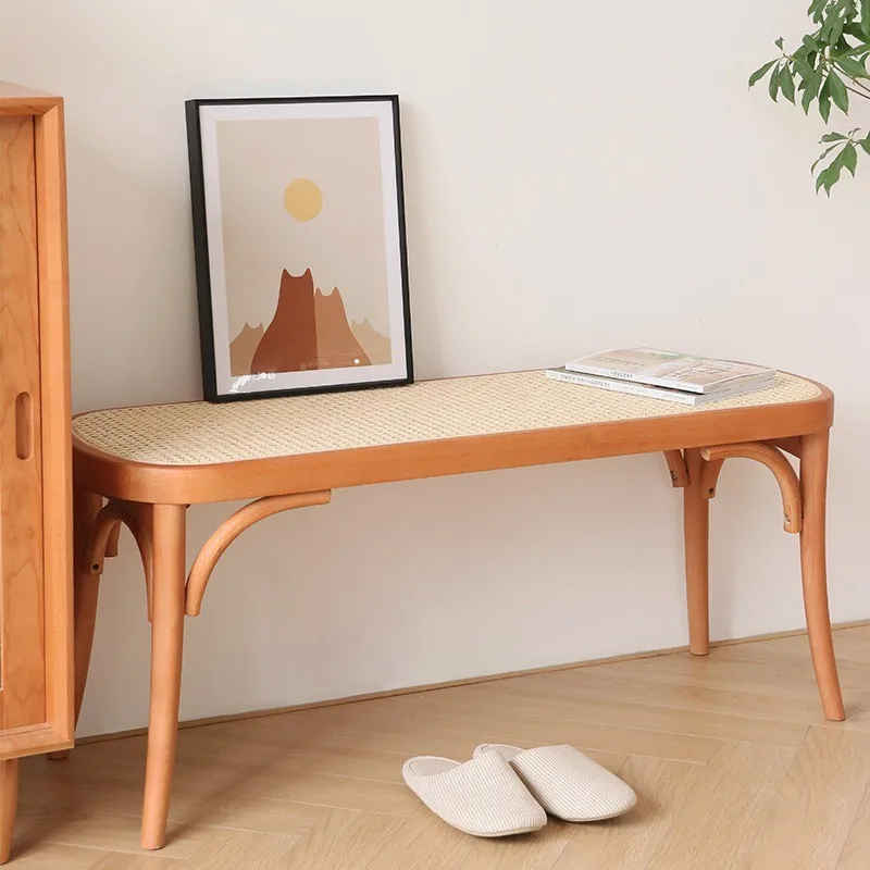 Nordic rattan door antique style bench against the wall simple household solid wood shoe changing stool