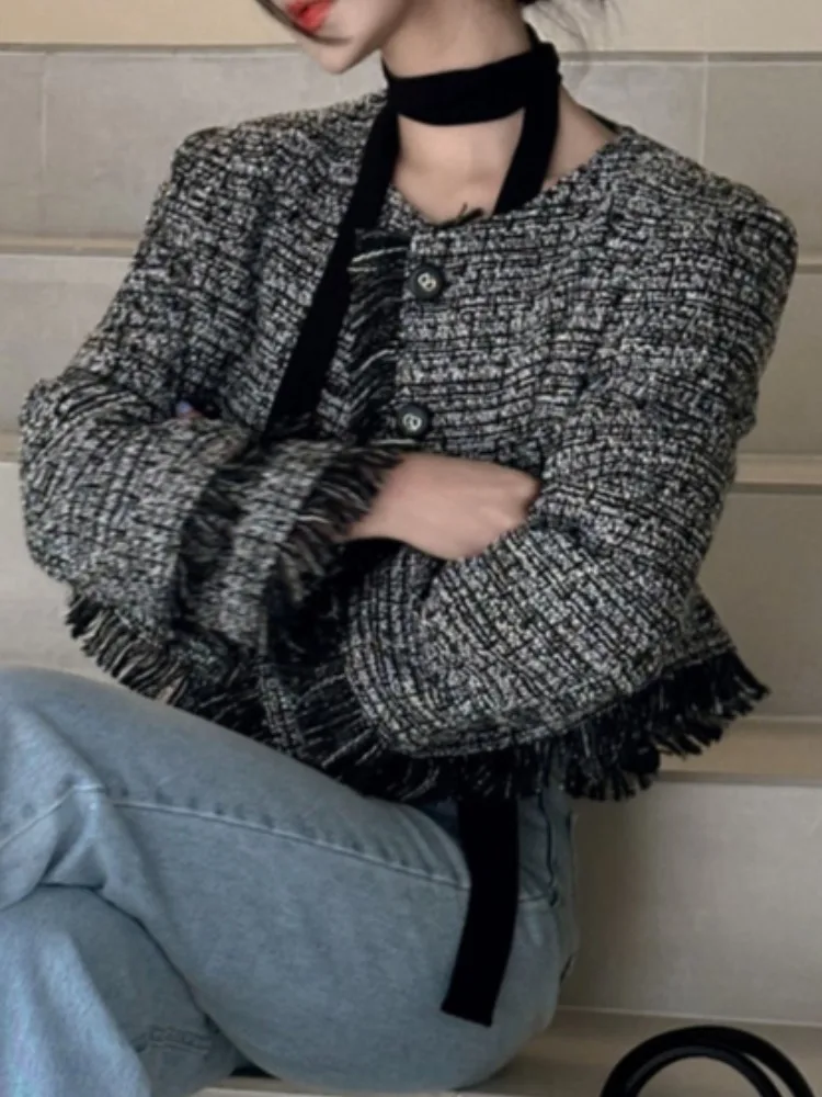 

Retro Heavy Work ort Coat Women's Faion Fringed Sve Design Cozy Woolen Material Korean Sle Spring Autumn Winter Oute...