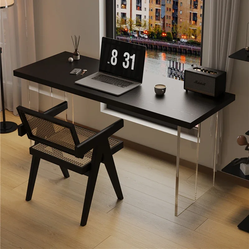 

Computer Solid Office Desk Black Wood Luxury Desk Study Home Wabi-Sabi Long Writing Table Acrylic Leg Mesa Office Furniture