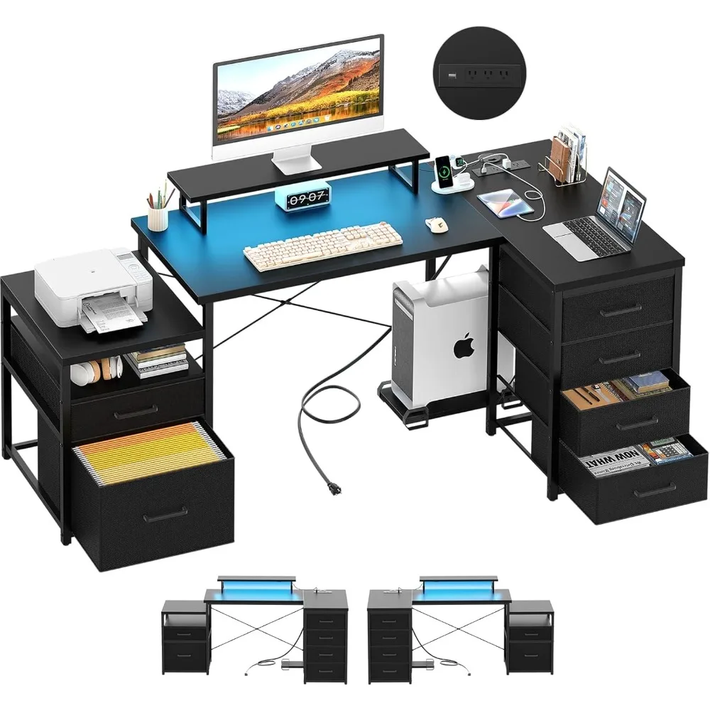 

L Shaped Desk with File Drawers, 71" Reversible Computer Desk with Power Outlet and Smart LED Light, Large Office Desk with Moni
