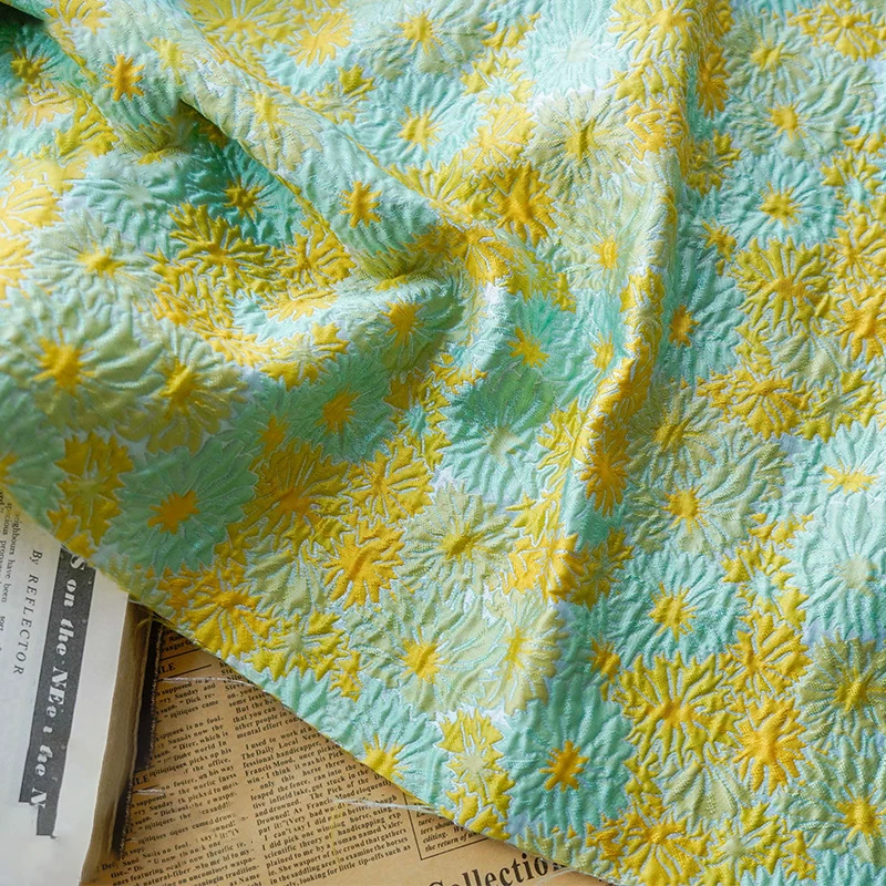 Mint Green Yellow Embossed Flower Yarn Dyed Jacquard Fabric Classic Women's Dress Decorative Sewing Fabric 50cmx146cm