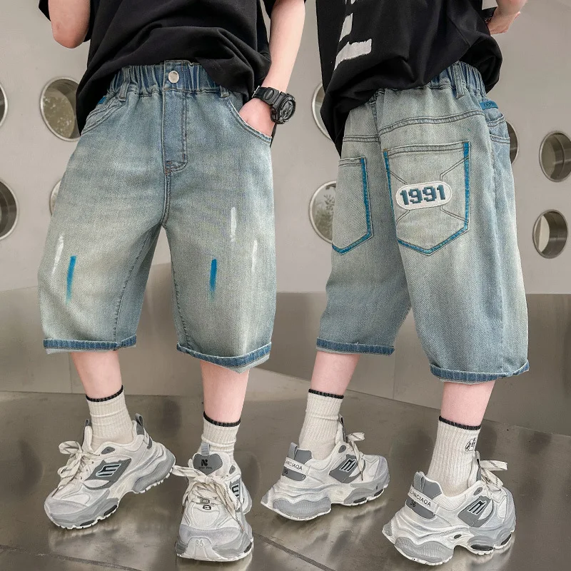 

Готические джинсовые шорты в стиле ретро для мальчиков, повседневные короткие джинсы до колена для подростков, летние шорты с принтом граффити и рисунками