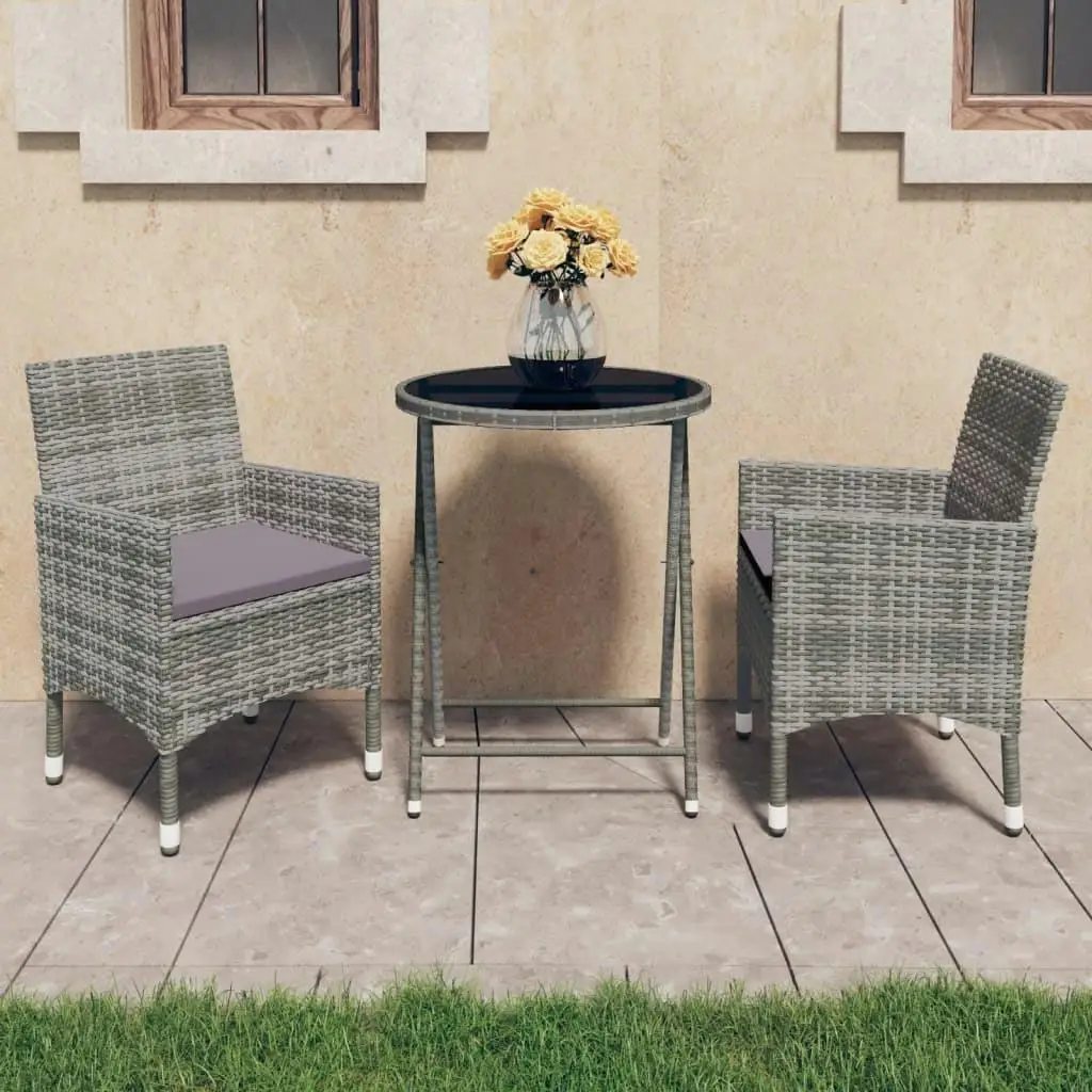 3-Piece Gray Patio Bistro Set with Poly Rattan and Tempered Glass - Stylish Outdoor Furniture