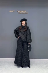 2024 Autumn New Elegant Loose Women Retro Jacquard Set Long Sleeve Wide Leg Pants Fashion Two Piece Set J464