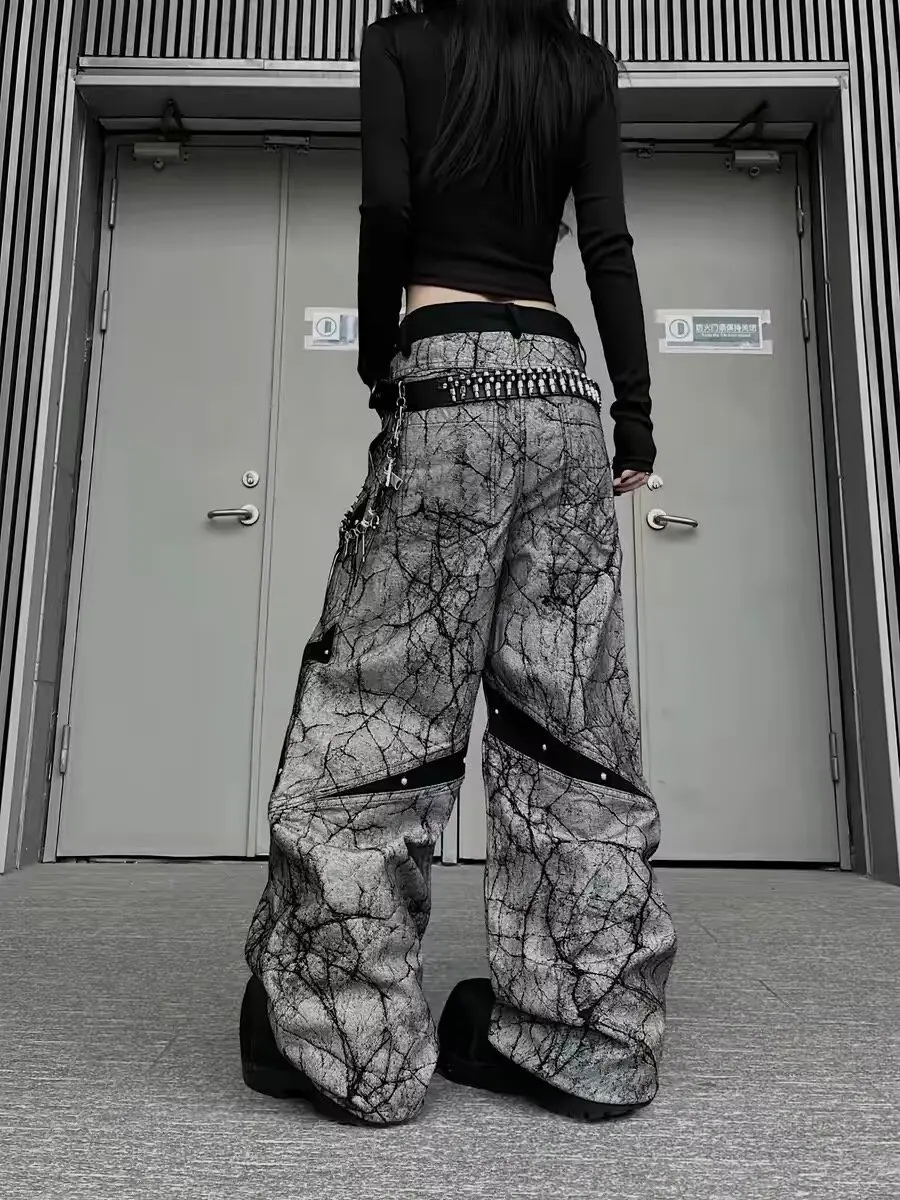 Hip hop jeans Personality Wide Leg Pants Washed Retro Baggy Jeans for Women Goth Harajuku Black Straight Pant Streetwear autumn