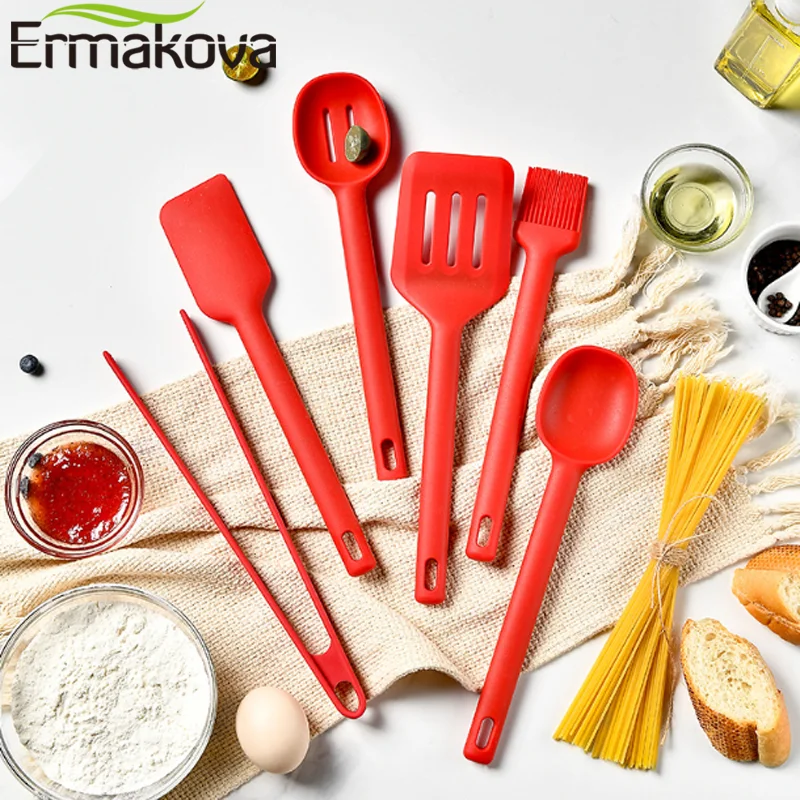 ERMAKOVA 6Pcs Silicone Kitchen Utensil Set Heat-Resistant Non-stick Cooking Spatula Soup Turner Oil Brush Clip Kitchen Gadgets