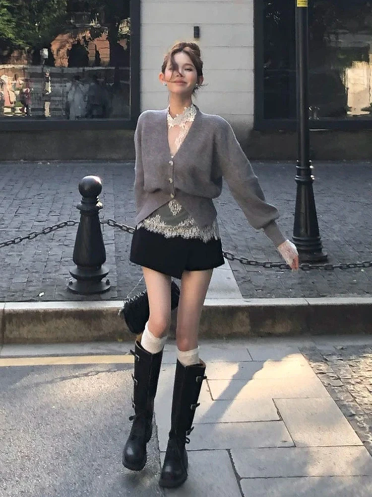 ay V-Ne Strickjacke ort Pullover Damen Herbst Winter New High Ne Lace Splicing Me Base irt Faion Set