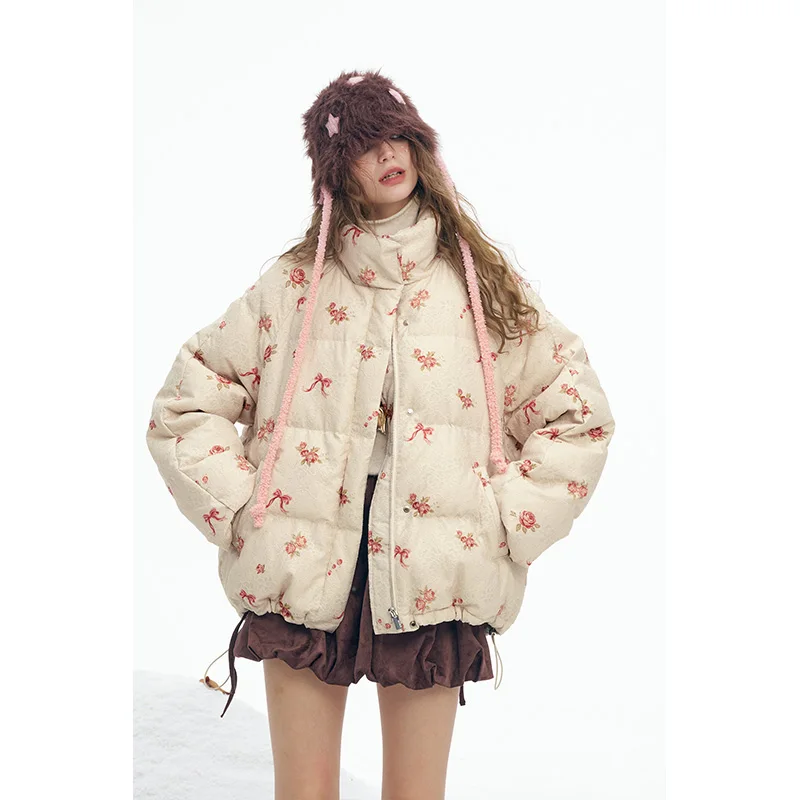 ELFSACK 2025 Winter Nieuwkomers Y2K Zoete Leuke Effen Rose Bow Grafische Hoodless Half Hoge Stand Kraag Korte Donsjack voor Wom