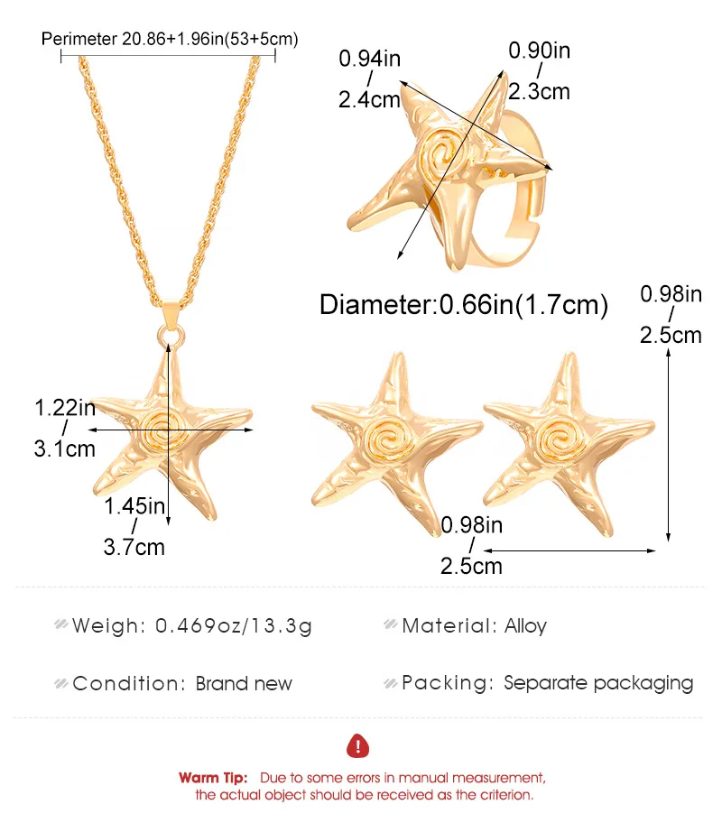 Gold Color Alloy Irregular Starfish Pendant Necklace Earrings Finger Rings for Women Fashion Gifts Cool Personality Jewelry Set