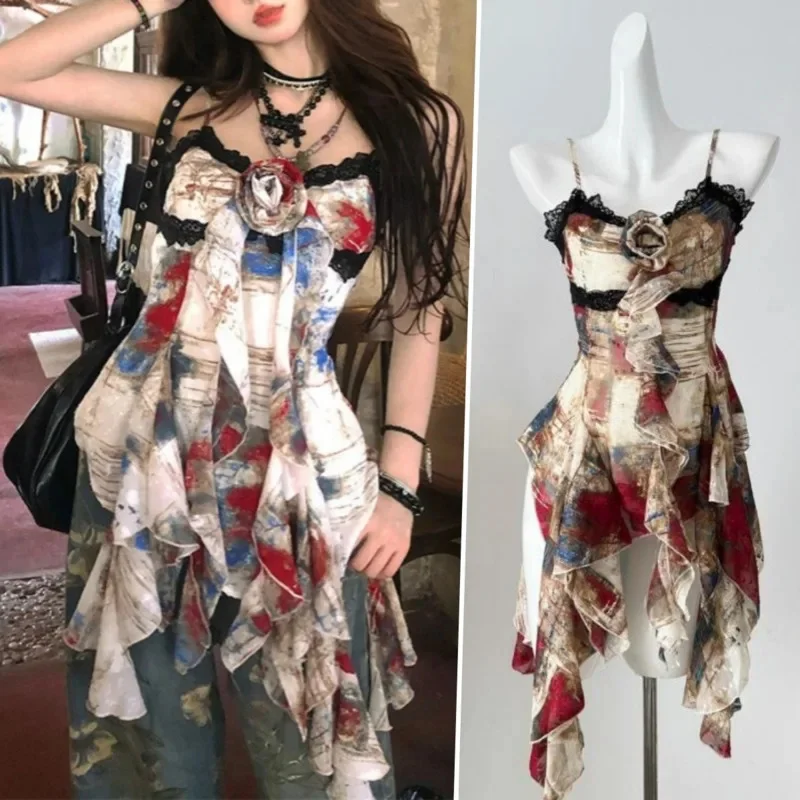 Oil Painting Print Lace Trim Halter Top Sexy Irregular Ruffle Top Summer Women's 3D Floral Sleeveless Blouse New American Style