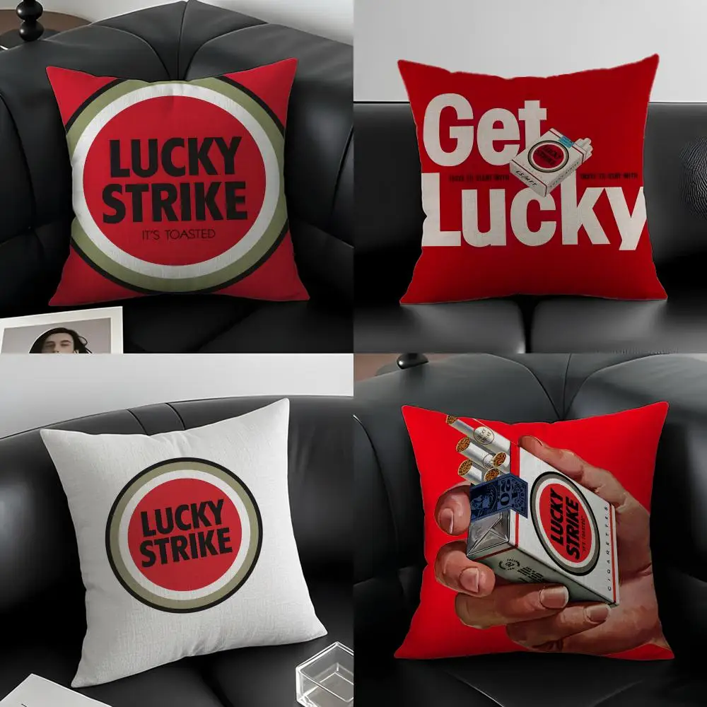 Tobacco Brand L-Lucky Cigarette Cushion Cover Natural Linen Pillowcase Set, All-in-One Decor for Sofa, Bedroom & Chair