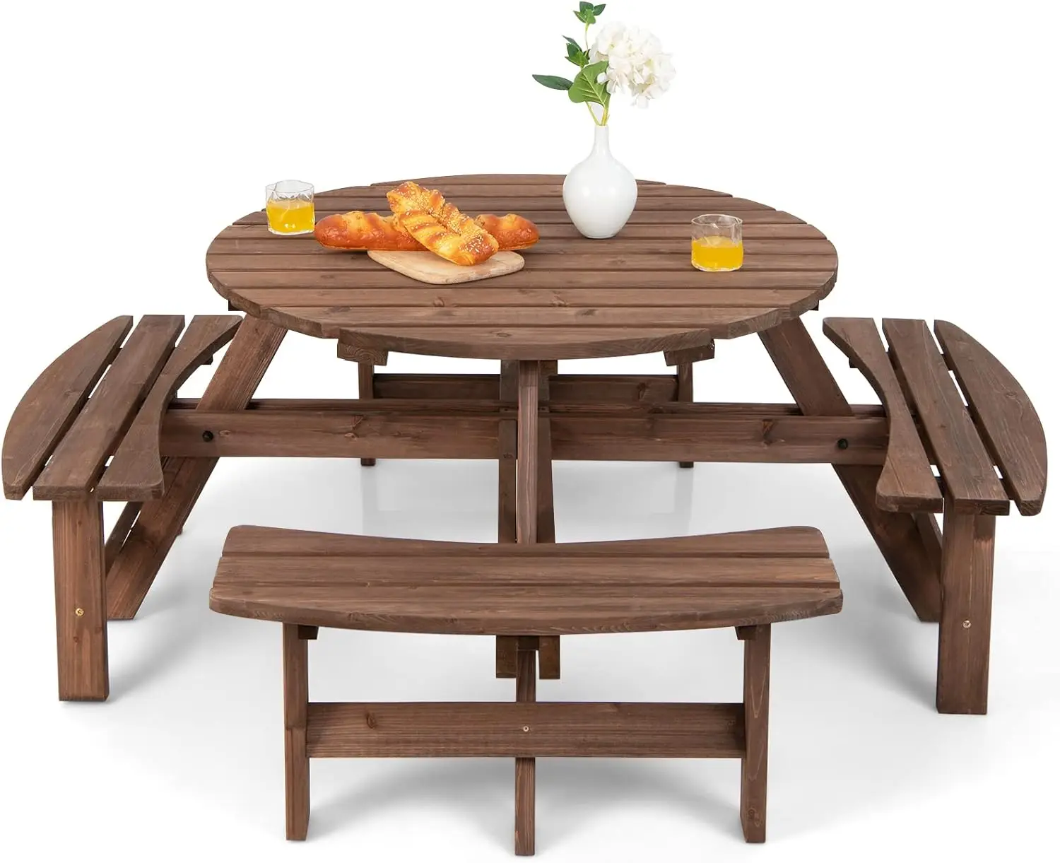 

Tangkula 8 Person Wood Picnic Table, Outdoor Round Picnic Table with 4 Built-in Benches, Umbrella Hole, Outside Table and Bench