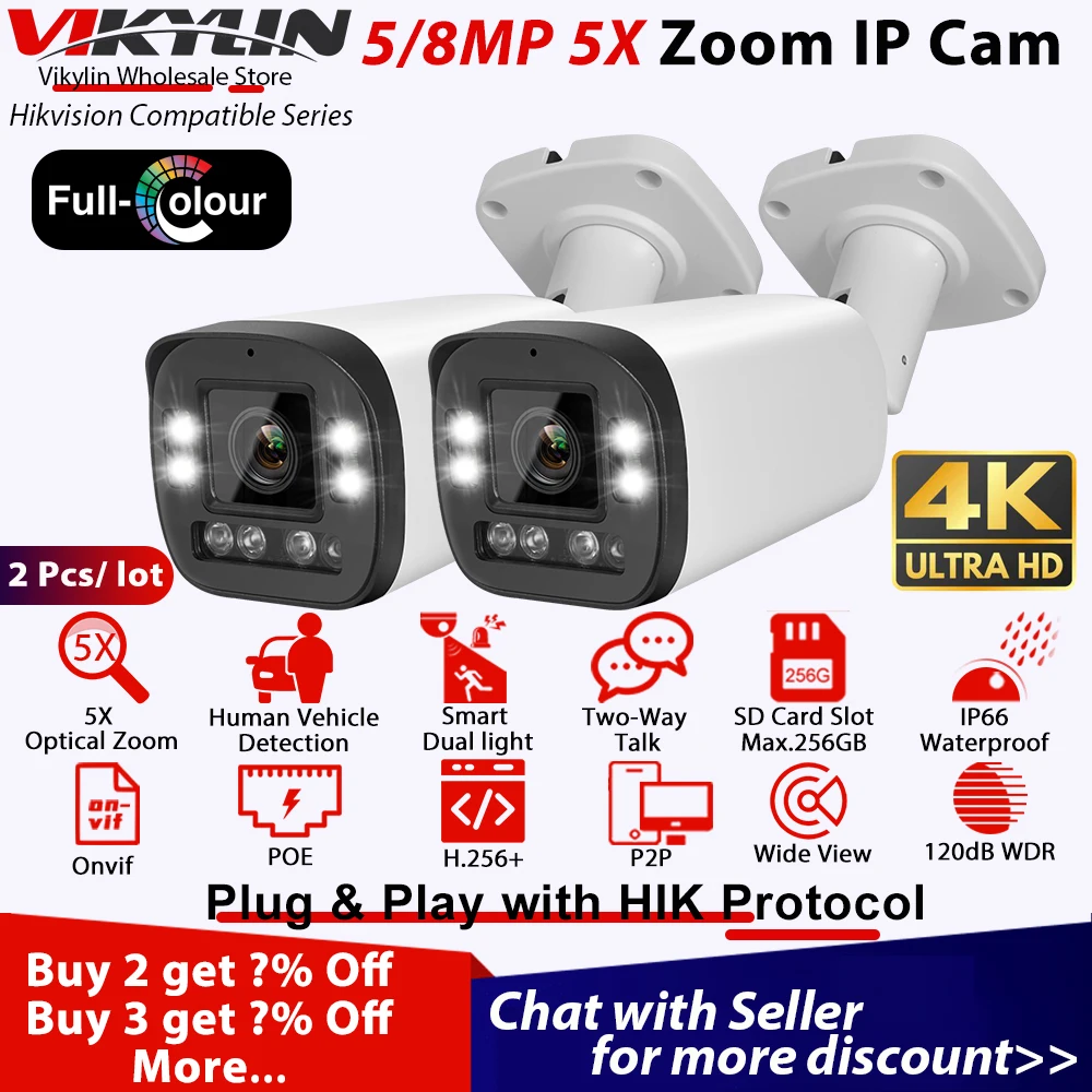 Vikylin 4K 8MP 5X Zoom Bullet Security IP Camera 5MP Full Color for Hikvision Compatible POE Two Way Audio Human Vehicle Detect