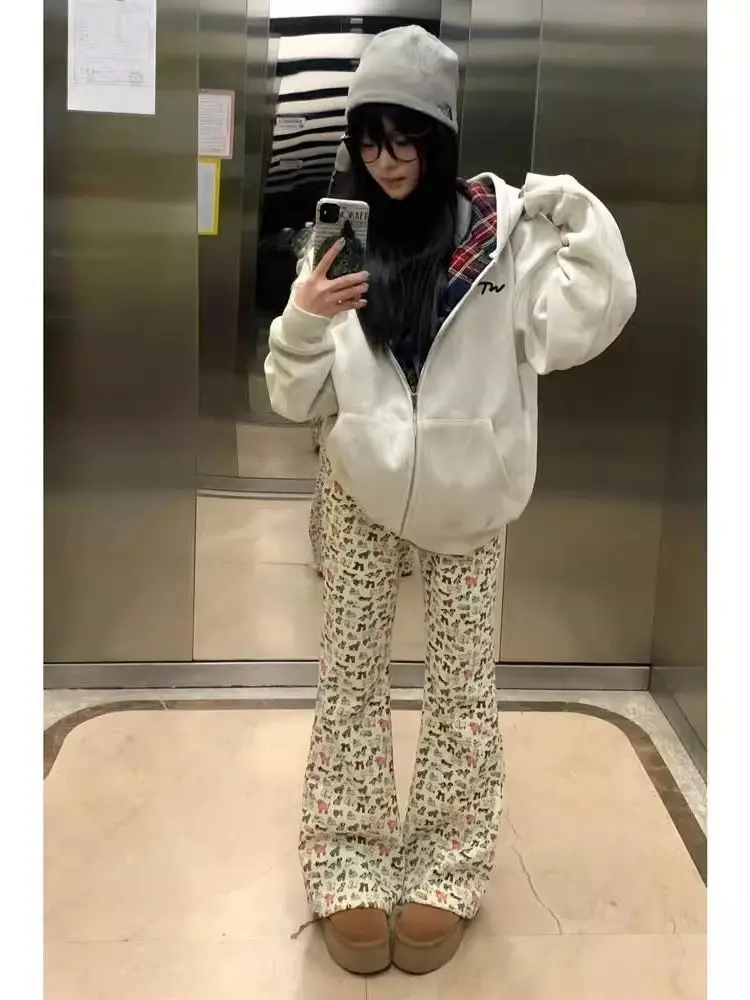 Korean Sle Hiphop Thiened Fce Hooded Zipper Cardigan Outerwear Women's Winter Loose Versatile Plaid Sweatirt