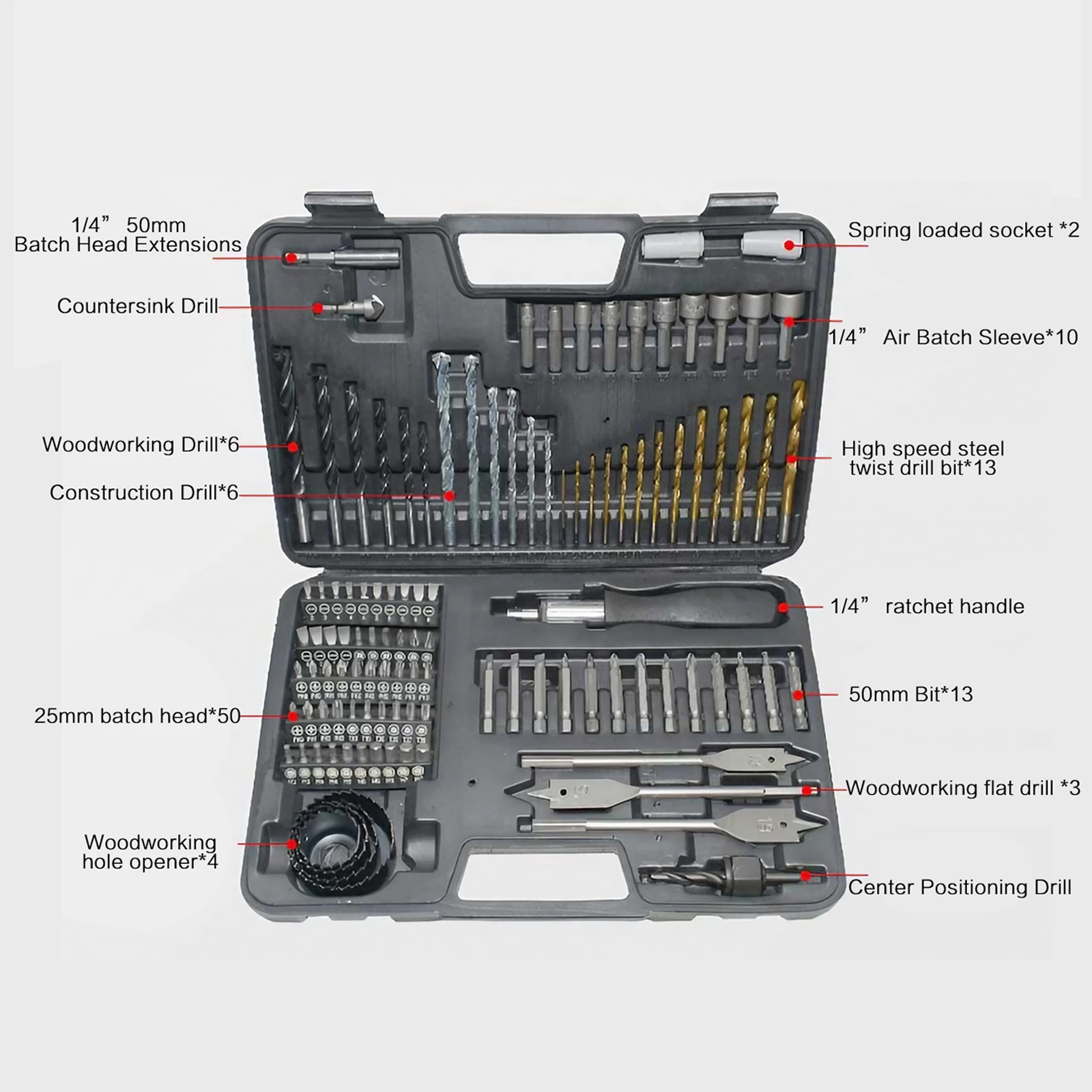 111 Pcs Tool Set Multifunctional Woodworking Tools Twist Drill Batch Screwdriver Woodworking Drill Flat Drill Hole Opener Set