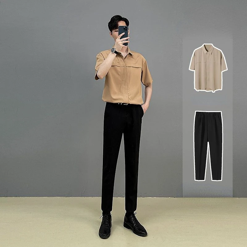 

Men Solid Color Streetwear Fashion Lapel Short Sleeve Shirt & Long Pants Two Pieces Set 2023 Loose Men Casual Suits A58