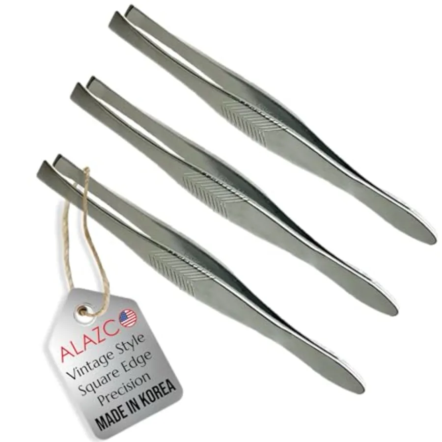 3 Vintage Style Square Tip Ribbed Professional Tweezers for Eyebrows Premium Precision for Facial Hair Splinter Ingrown Hair Re