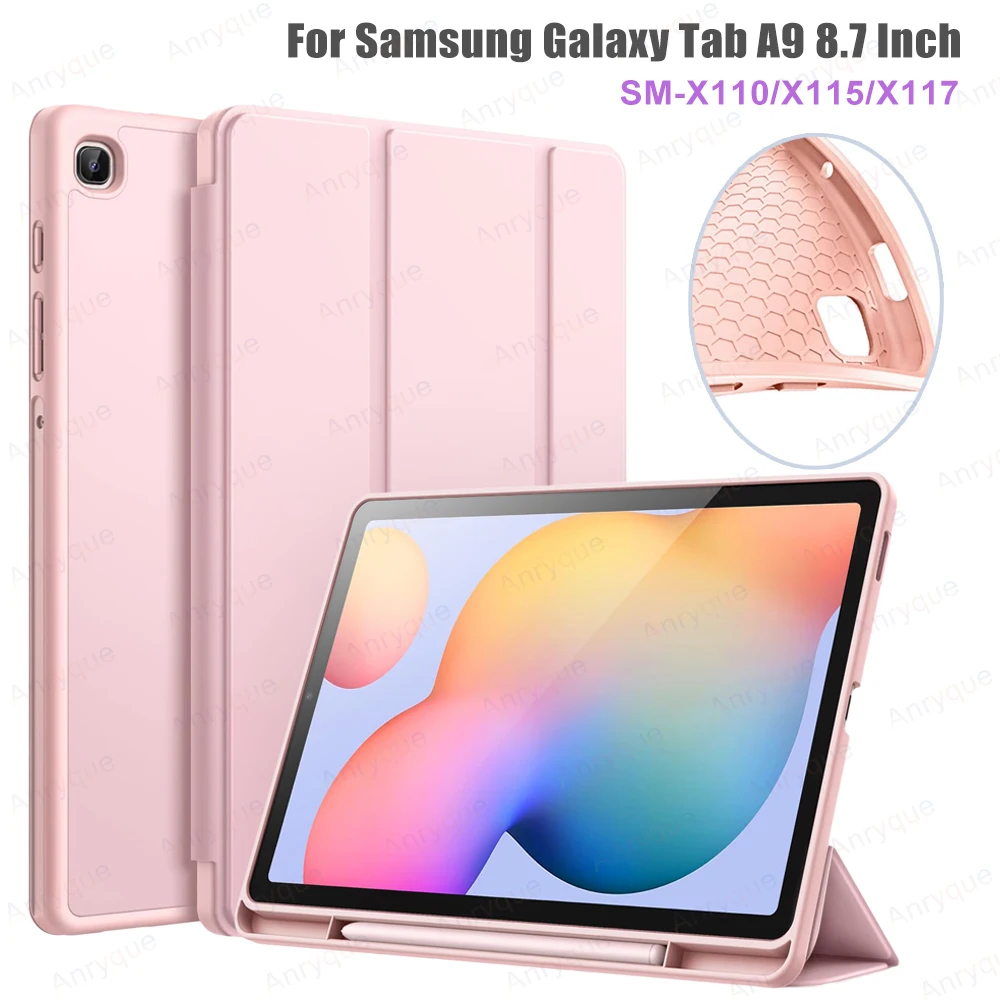 For Samsung Galaxy Tab A9 Case 8.7 Inch 2024 SM-X110/X115/X117 Silicon PU Cover with Pencil Holder Tri-Fold Stand Smart Shell