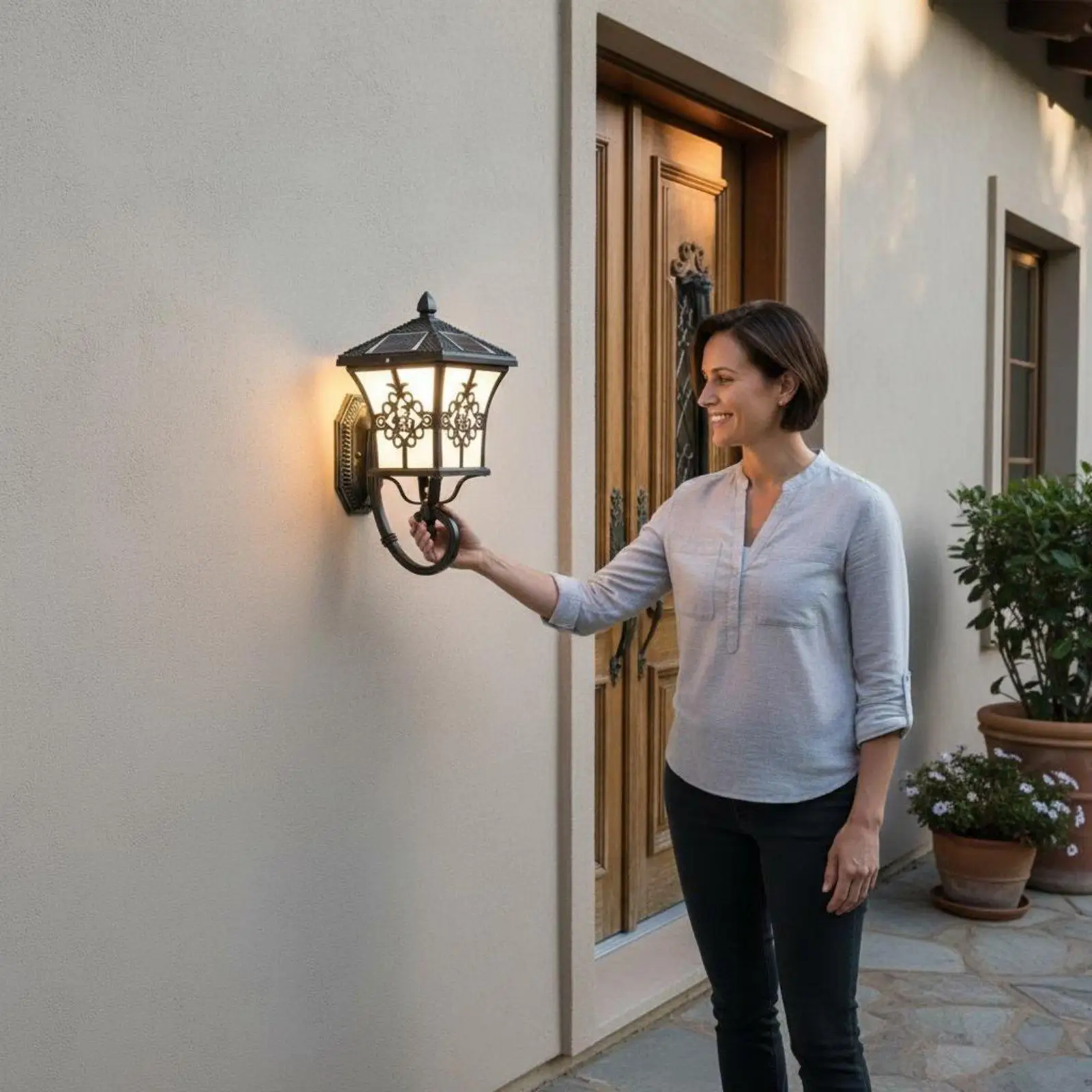 Solar Led Outdoor Wall Lamp Elegant Lantern Waterproof Garden Light for Villa and Patio - view 5