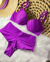Bikinis Push Up baratos, trajes de baño para mujer, traje de baño acolchado liso para mujer, traje de baño Vintage para mujer, bikini de cintura alta, traje de baño