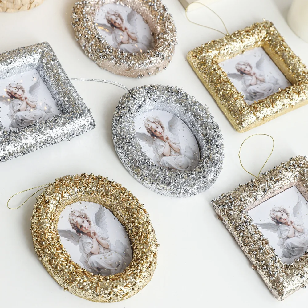 Photo Frame Christmas Ornament High Quality Retro Glitter Frame Decoration Square Round Frame Ornament Vintage For New Year Gift