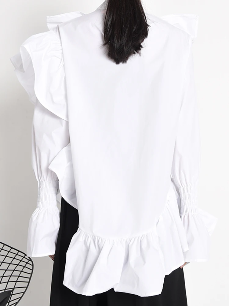 [EAM] Women Ruffles Irregular Blouse New Stand Collar Long Sleeve Loose Fit Shirt Fashion Tide Spring Autumn 2024 1Z19900