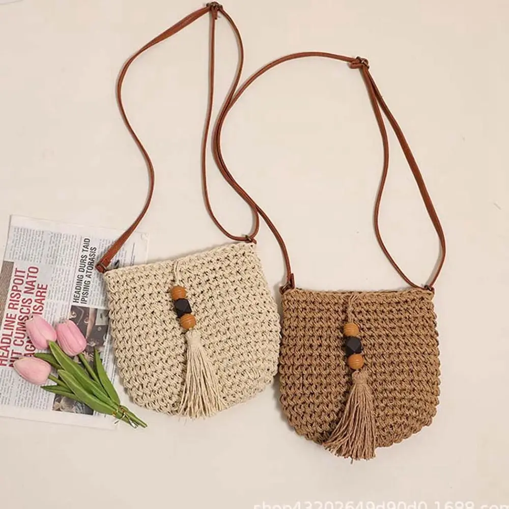 Simples couro do plutônio ráfia saco borlas grânulo de madeira tecer palha crossbody bolsa de ombro praia bolsas borlas saco de praia viagem