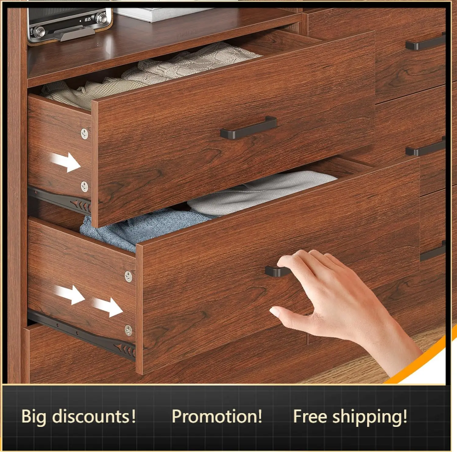 6 Drawers Dresser for Bedroom Wooden Drawer with Open Storage Cubby, Double Wide Dresser Organizer for Bedroom, Living Room, Ent