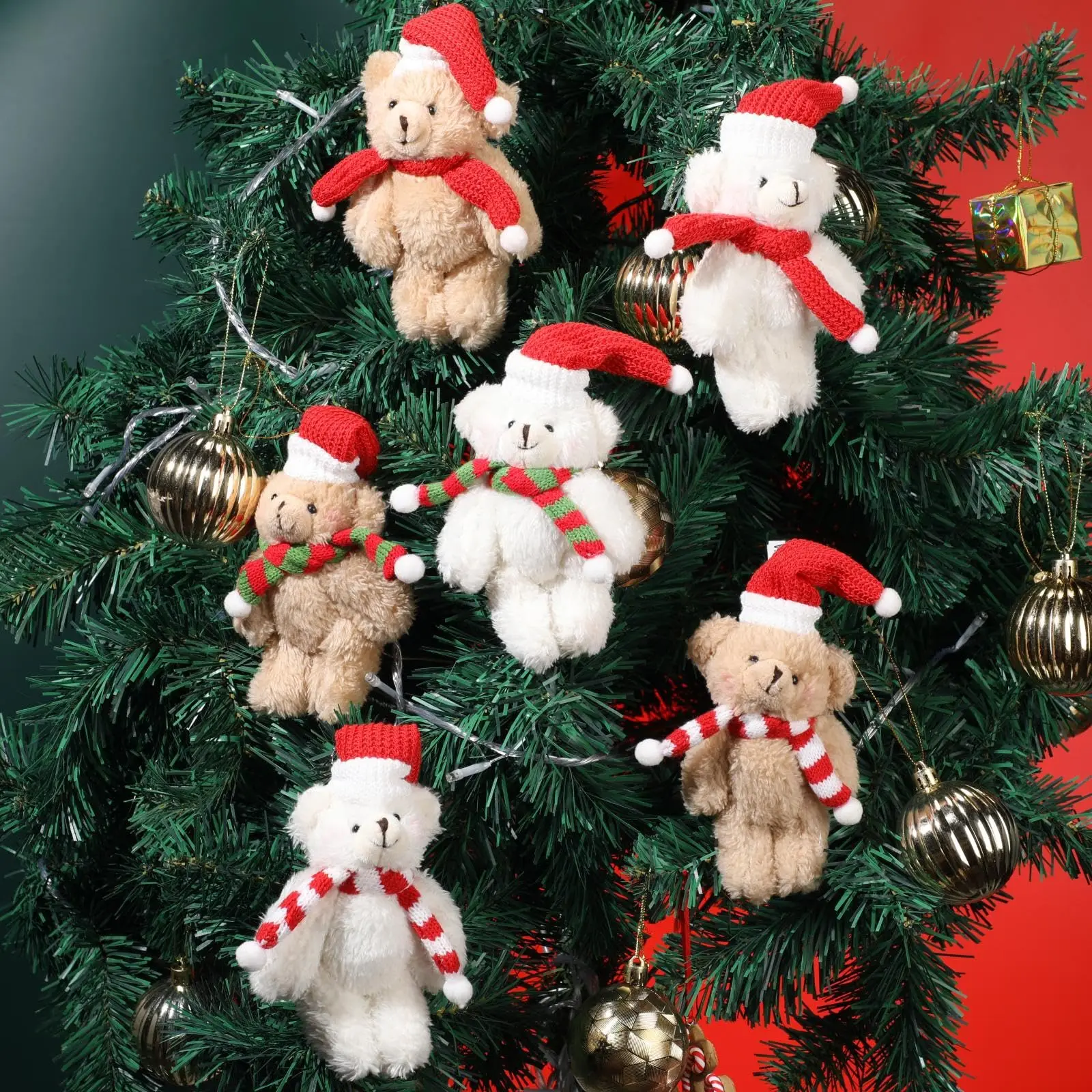 48-12Pcs Christmas Mini Teddy Bears Bulk Xmas Bear Plush Dolls Stuffed Animal Toy Tiny Soft Bear Doll Christmas Tree Decorations