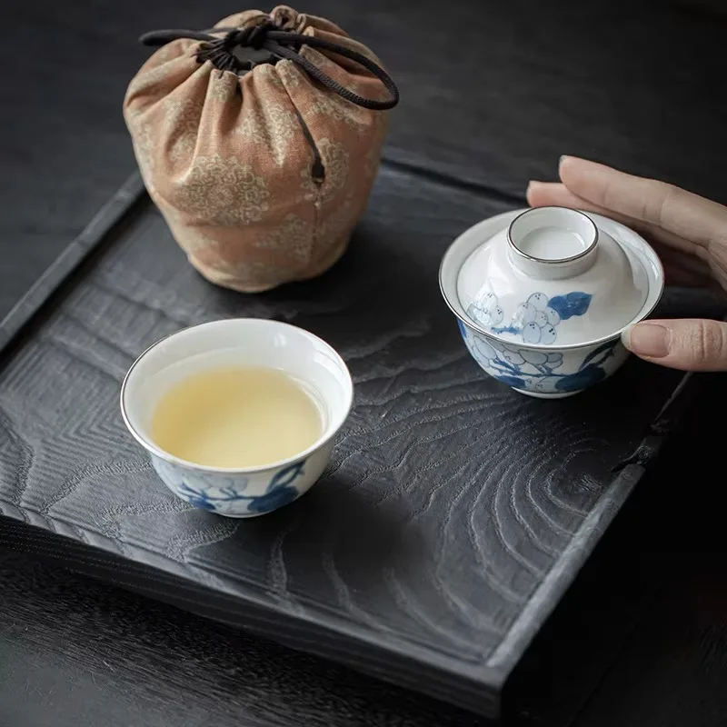Retro Blue White Underglaze Hand Painted Loquat Teacup Master Cup Kung Fu Tea Set Ceramic Home Office  Chinese Tea